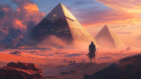 Desert sentry approaching illuminated pyramidal megastructures.