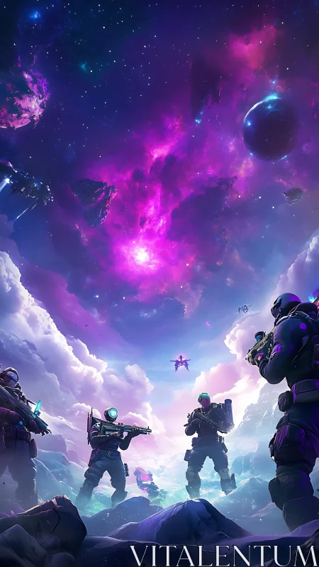 Neon starfall squad under a cosmic violet war sky.