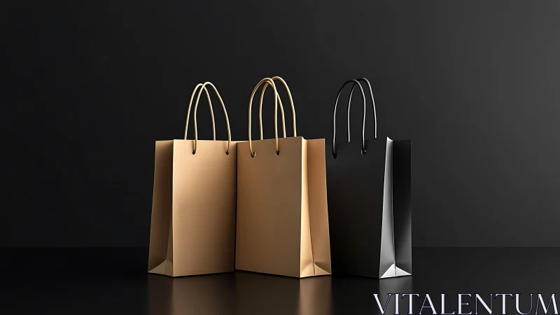Matte kraft and gloss black shopping bags on dark backdrop