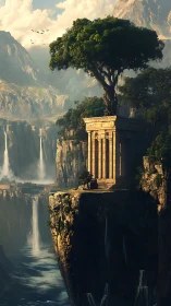 Ancient cliffside temple supports monumental tree above waterfalls