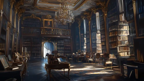 Baroque library interior with golden ornamented book walls.