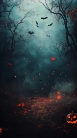 Jack-o&rsquo;-lantern trail under eerie blue moonlit forest.
