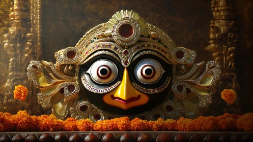 Radiant deity mask glowing with marigolds and golden grace.