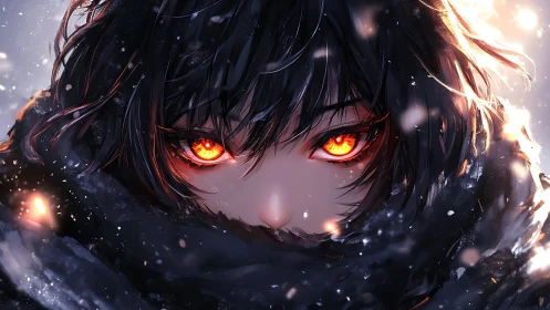 Fiery winter gaze glows warmly against the swirling snow