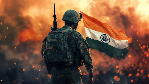 Indian soldier stands before burning battlefield holding flag