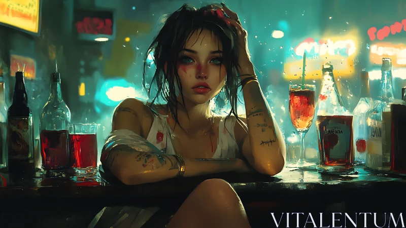 Neon bar portrait of pensive woman amid glowing bottles.