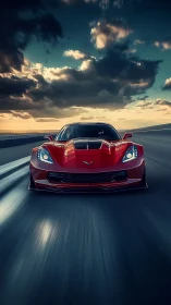 Red sports car charges down highway under stormy sunset
