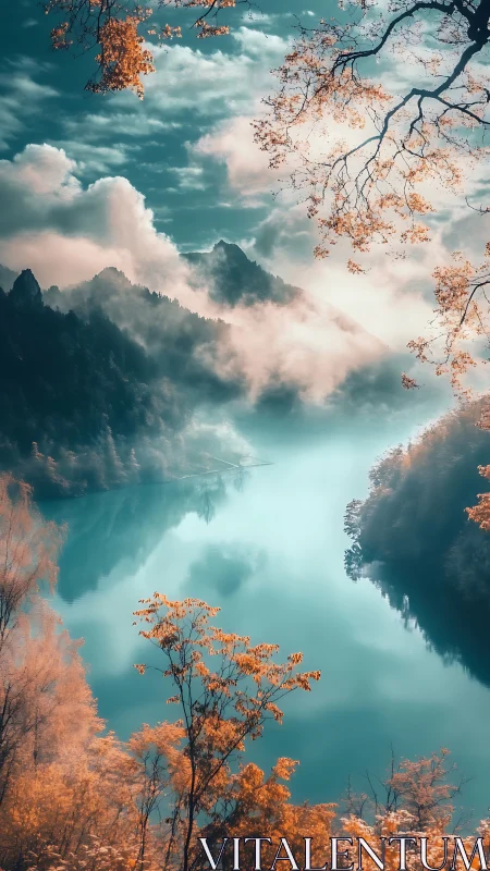Misty turquoise lake winds through autumn mountains at dawn