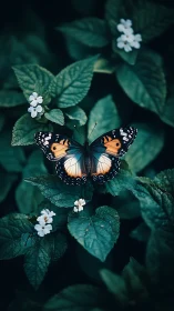 Butterfly with orange and black wings on dark green leaves.