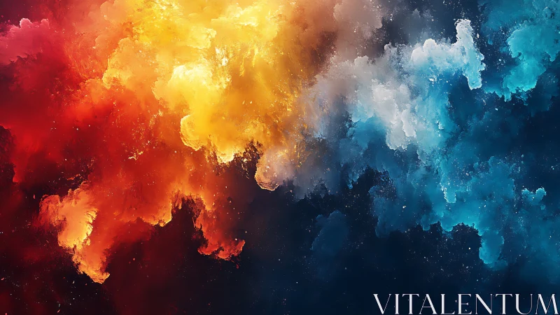 Nebula clouds blend fiery red, golden light, cool cyan mists.