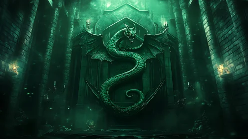 Emerald serpent dragon coils in a glowing ancient stone hall