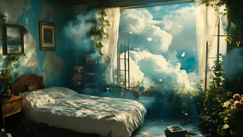 Bedroom interior merging with cloudscape beyond window.