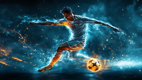 Flaming soccer striker in dynamic teal and orange aura.
