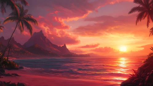 Radiant tropical sunset bathes palm-lined shore in color.