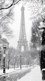 Snowy Eiffel Tower framed by Parisian winter trees.