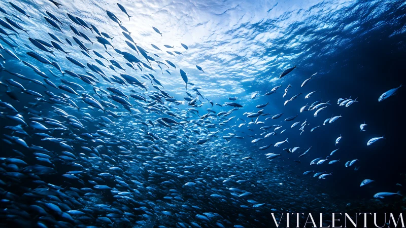 School of silver fish curves through deep blue ocean