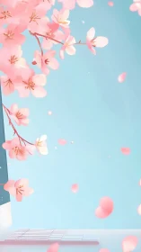 Minimal laptop with falling cherry blossoms on blue background.