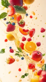 Mixed fresh fruits explode through swirling golden juice