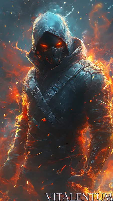 Hooded fire assassin stands in glowing embers and smoke