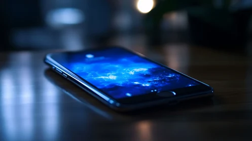Smartphone screen glows with vivid blue cosmic wallpaper
