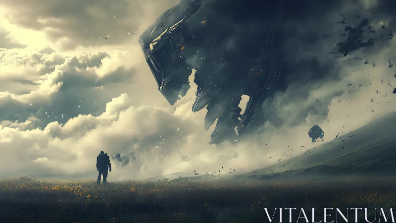 Lonely explorer watches a colossal starship drown in clouds