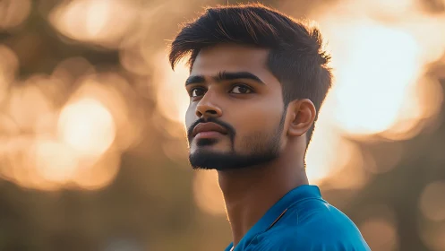 Male portrait rendered in golden hour bokeh lighting conditions