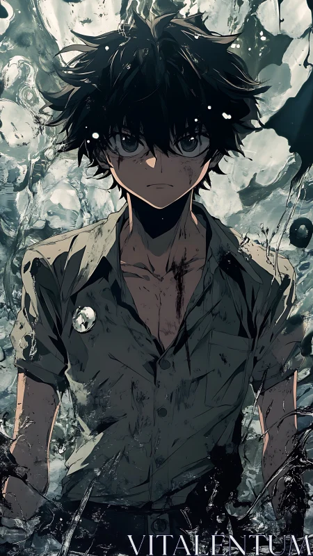 Defiant anime boy rises through splintered water chaos.