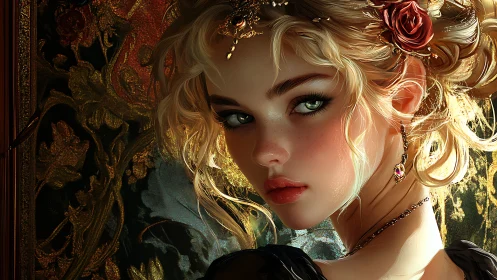 Regal blonde woman in ornate floral backdrop portrait.