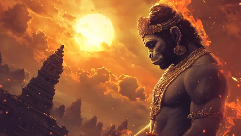 Sun-drenched Hanuman sentinel above ember-lit temples.