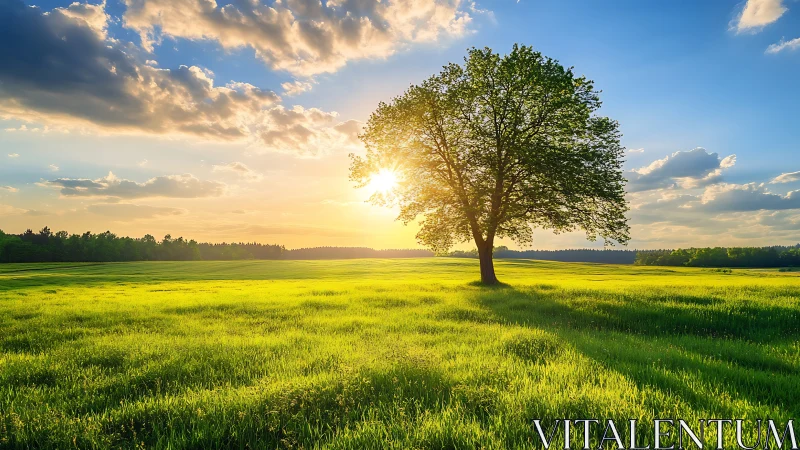 Solitary deciduous tree in sunlit green field at sunset.
