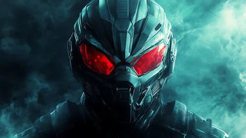 Armored cybernetic warrior stares through blazing red visor.