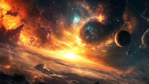 Stellar sunrise ignites stormy nebula over dreaming planet.