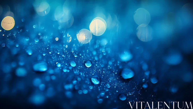 Blue macro raindrops with luminous bokeh orbs at night.