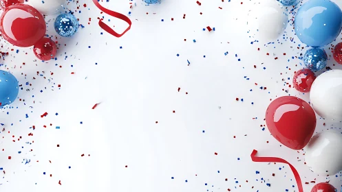 Confetti drifts as glossy tricolor balloons frame a bright pause