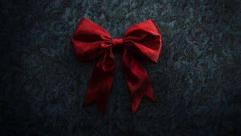 Photorealistic crimson bow on textured dark ornamental ground.