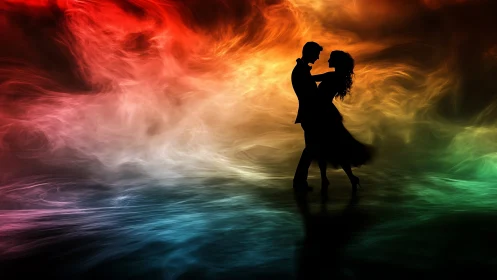 Silhouetted couple embracing amid swirling rainbow light