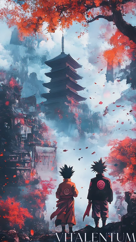 Two young warriors gaze toward a misty crimson temple