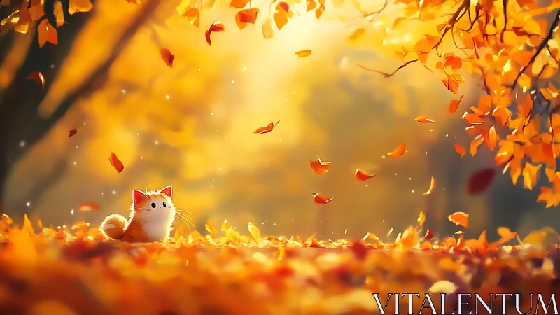 Curious kitten watches golden autumn leaves drift gently