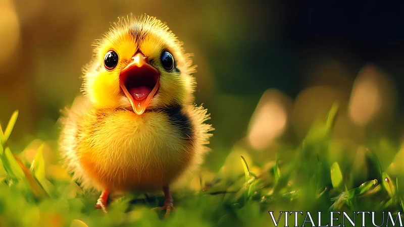 Joyful baby chick glowing in sunny green grass.