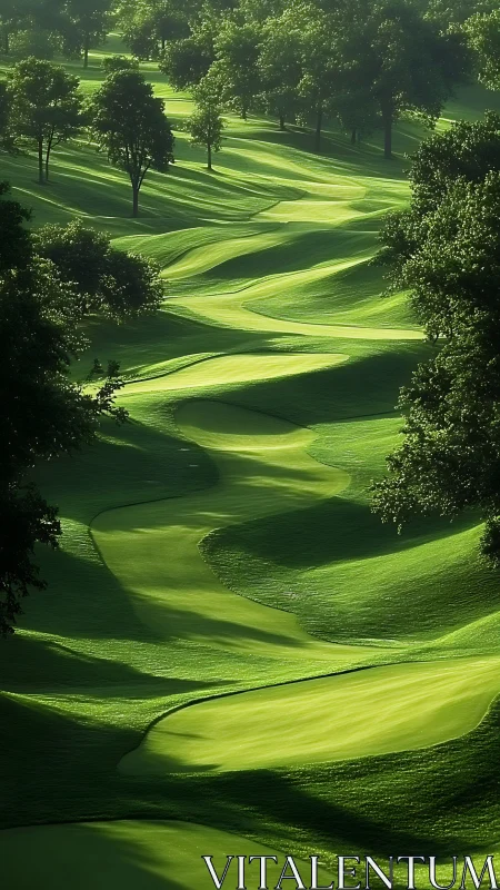Undulating fairways and greens extend through a tree-lined course
