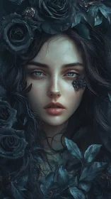 Moonlit rose muse in a dreamlike midnight garden.