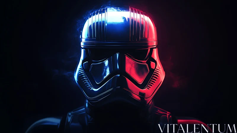 Chrome sci‑fi trooper helmet in dramatic neon split lighting.