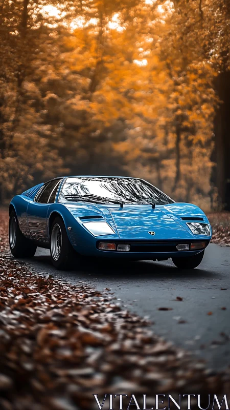 Blue vintage supercar gliding through ember-tinted forest dusk.