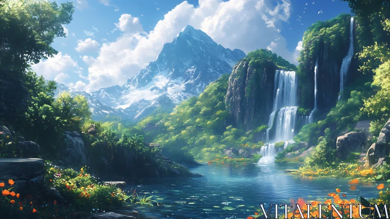 Sunlit alpine waterfall valley under towering snow peak.