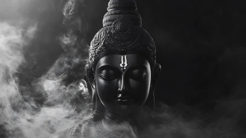 Serene black Buddha statue surrounded by dreamy swirling mist.