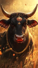 Regal decorated black cow in warm golden light field.