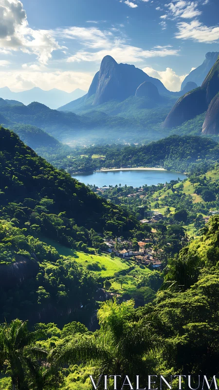 Sunlit emerald valley welcomes a quiet lakeside village