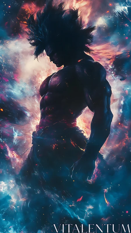 Cosmic warrior silhouette emerges from swirling nebula light