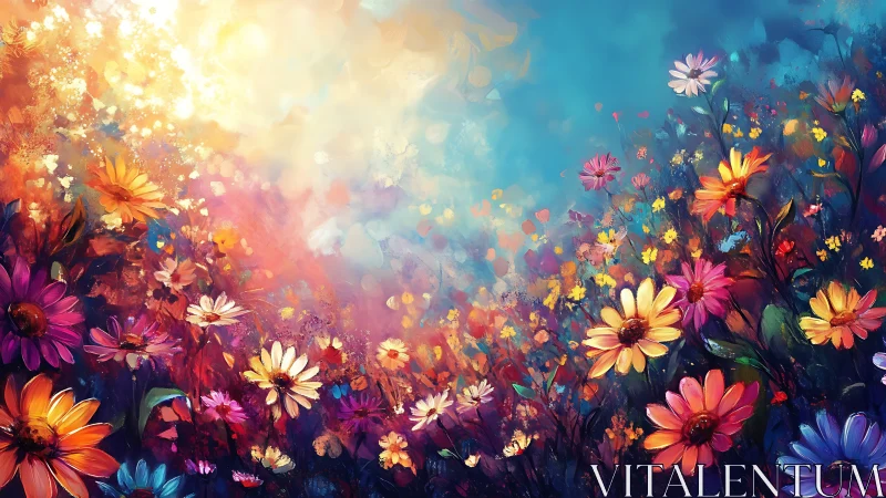 Luminescent Floral Field: Digital Garden with Radiant Gradient Sky.