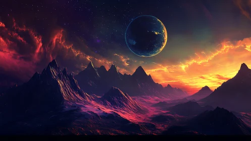 Distant planet above illuminated alien mountain landscape.
